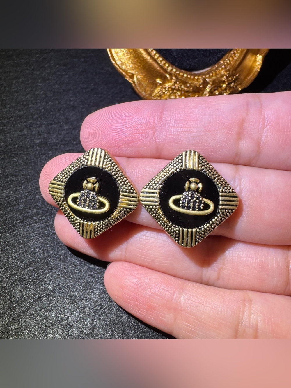 S925 Posts Vintage Black Orb Square Stud Earrings